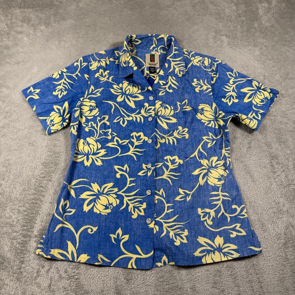 Tori Richard Shirt Womens Small Blue Yellow‎ Floral Hawaiian Button Up Vacation